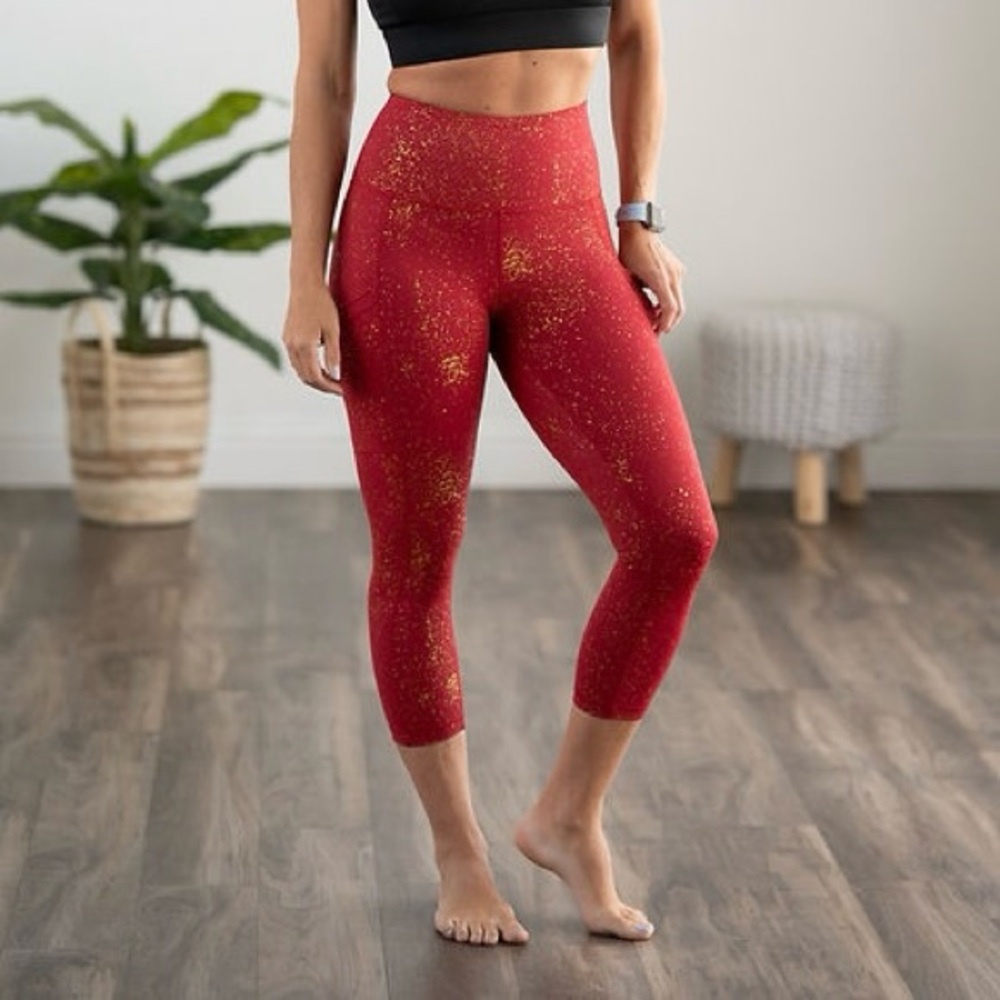 High-Rise Red Capri Leggings with Gold Fleck